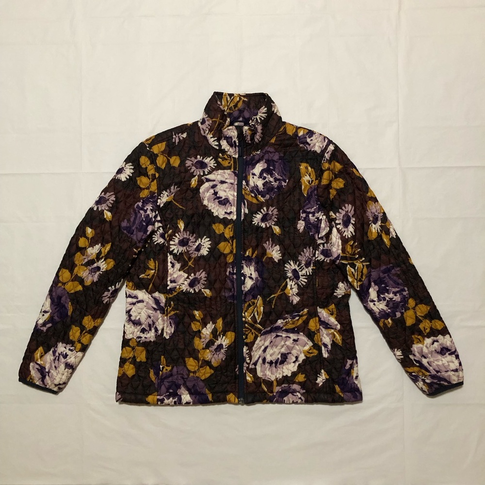 Lands' End Women’s Long Sleeve Full-Zip Floral Quilted Puffer Brown Jacket S